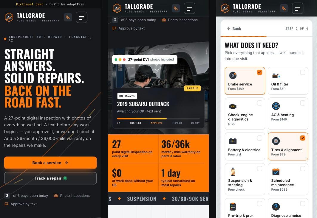 Tallgrade Auto Works demo website on a phone