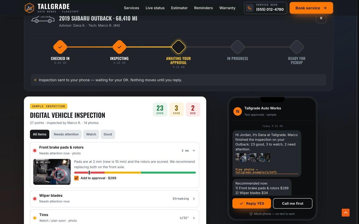 Tallgrade live repair-status tracker, digital inspection and approve-by-text phone